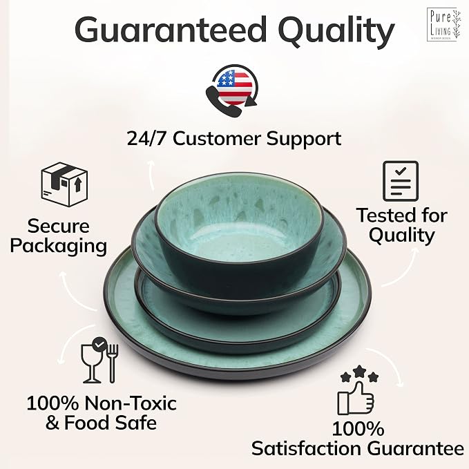24 Piece Stoneware Dinnerware Set for 6 - Handmade Reactive Glaze Plates and Bowls Set - Chip & Scratch Resistant Dish Set - Dishwasher Microwave Safe - Dark Sage Green