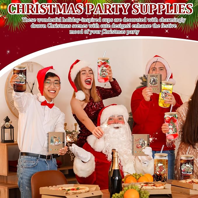 Skylety 12 Set Christmas Gifts Bulk 16 oz Santa Glass Cups with Lids Straws Xmas Notebook Sticky Note Pens for Women Students School Office Holiday Party Favors