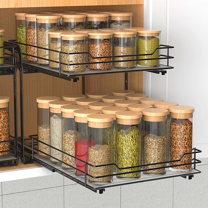 BOIVSHI 2-Tier Spice Rack, Pull Out Cabinet Organizer Spice Racks Height Adjustable Heavy Duty Metal Basket for Inside Cabinets & Pantry Closet(9.5''Wx10.5''Dx9.5''H)