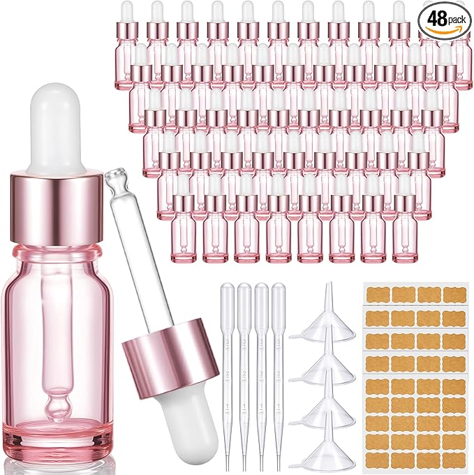 Lallisa 48 Pack Essential Oil Dropper Bottle 10 ml (1/3 Oz) Glass Dropper Bottles DIY for DIY Essential Oil Perfume with Funnels Pipettes Labels for Bathrooms, Hotels, Labs (Pink)