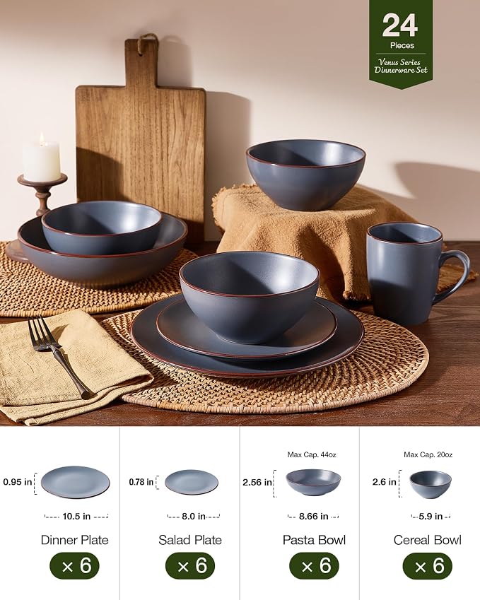 Famiware Venus Stoneware Dinnerware Sets with Pasta Bowls for 6, 24-Piece Speckled Plates and Bowls with Trim, Matte Charcoal - Chip‑Resistant Dishes for Everyday/Formal Use, Microwave/Dishwasher Safe