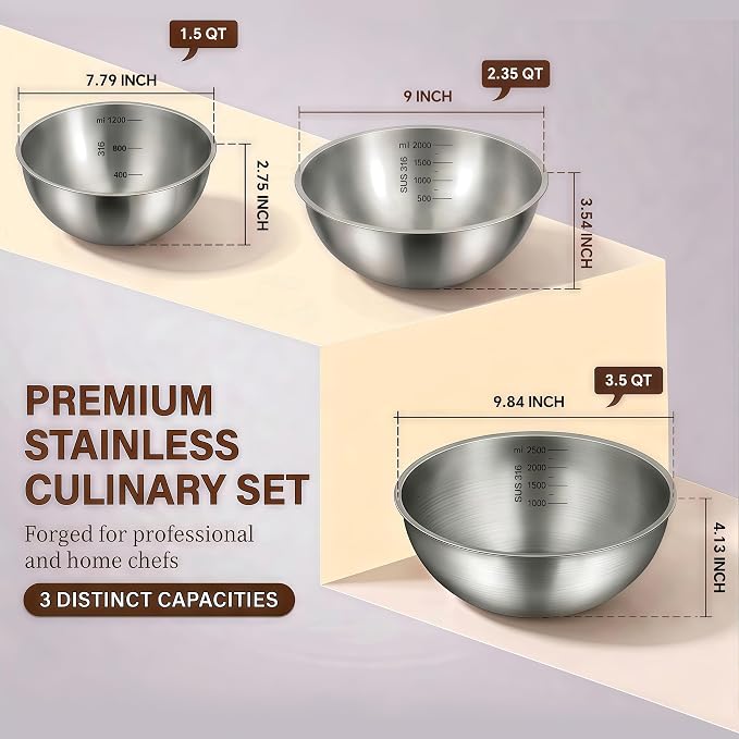 Stainless Steel Mixing Bowls Set of 3, 1.5/2.5/4 Qt Metal Mixing Bowl Set for Baking, Salad, Cooking & Meal Prep, Nesting Stainless Steel Bowls with Measurement Marks, Dishwasher Safe