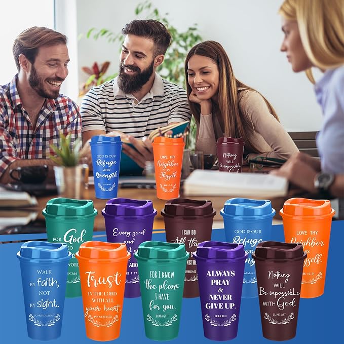 Skylety 20 Pack Bulk Christian Gifts for Men Women 16oz Reusable Bible Verse Tumbler Plastic Coffee Cup with Lid Inspirational Religious Church Gift for Teacher Graduation Party Favor (Retro Color)