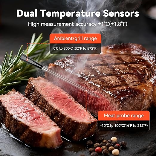 TechRise Bluetooth Wireless Meat Thermometer with APP,Wireless Meat Thermometer Digital for Oven,Smoker,Air Fryer,Kitchen Cooking,Instant Read Digital Probe with Alarm, Long Range,Rechargeable,Black