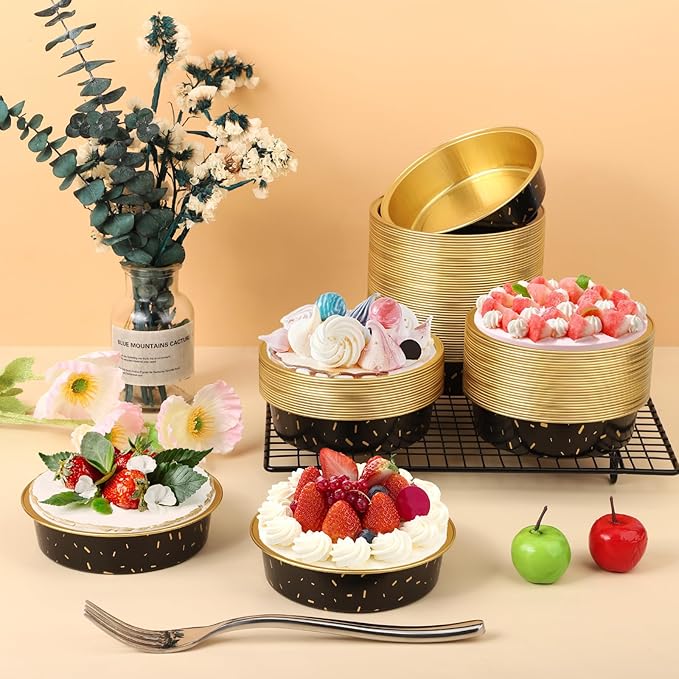Beasea Disposable Baking Cups, 200 Pack 7.3oz 215ml Aluminum Ramekins Foil Baking Cups 4" Cupcake Aluminum Mini Baking Cups No Lids for Party - Gold/in Black