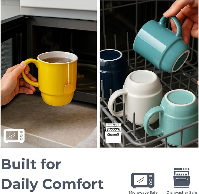Stackable Porcelain Coffee Mug Set of 4 – 20oz Jumbo Capacity, Space-Saving Ceramic Mugs with Large Handle for Kitchen & Coffee Bar, Microwave & Dishwasher Safe Modern Home Gift