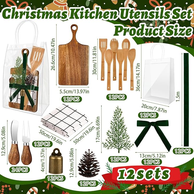 12 Set Christmas Gift Kitchen Utensils Set Acacia Spatula Mini Cheese Board Pine Cones for Christmas Kitchen Holiday Gift Party Decor Neighbor Employee Baking Gift Xmas Cooking Supplies