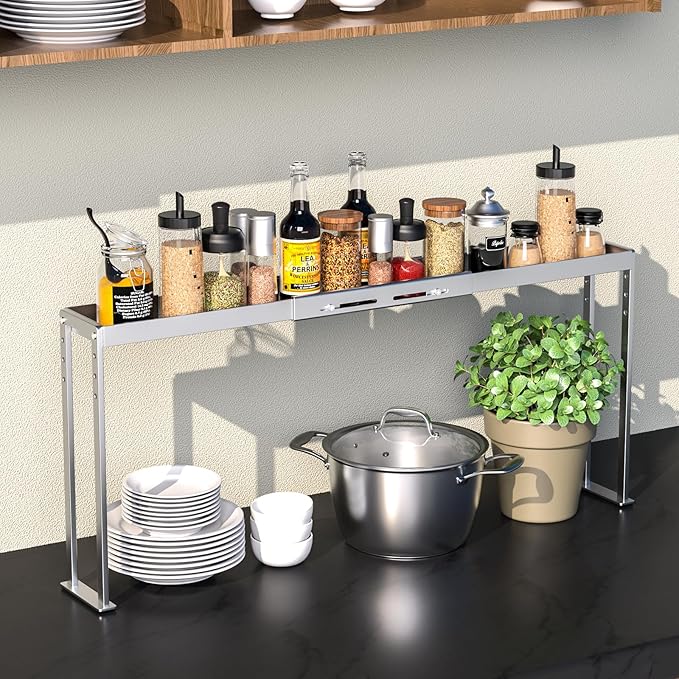BOIVSHI Stove Top Shelf - Adjustable Oven Shelf for Top of Stove for 27-33inch, Kitchen Spice Organizer, Silver