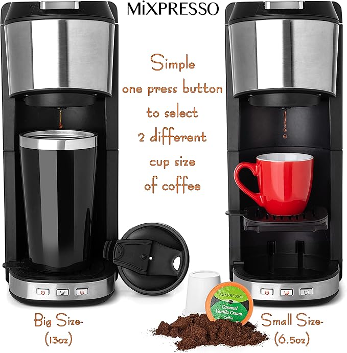 Mixpresso Coffee Maker Single Serve For Ground Coffee & Compatible With K Cup Pods, With 14oz Travel Mug & Reusable Filter For Home, Office & Camping, 30oz Removable Water Tank.
