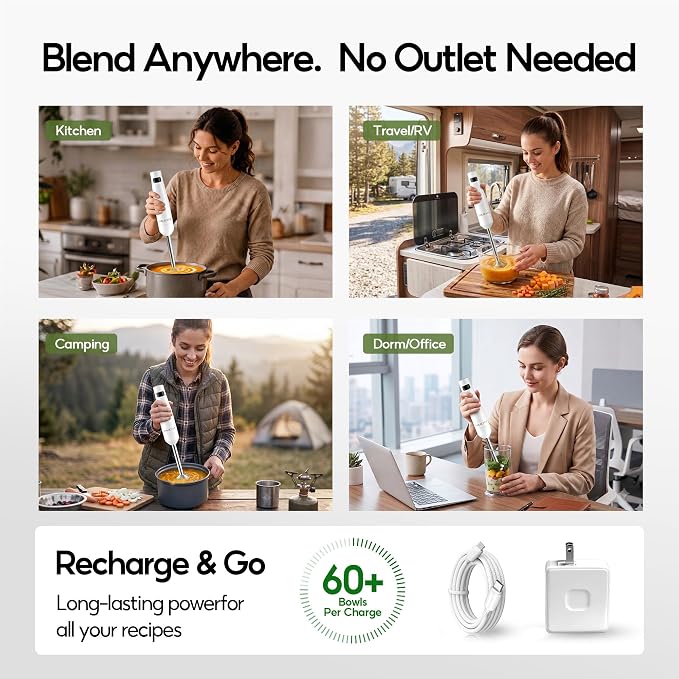 Cordless Immersion Blender, 3-in-1 Hand Blender with Charger | Blend Anywhere: Wall Charger, Brushless Motor, Whisk & Frother, 60+ Bowls, Smoothies, Soup, Baby Food