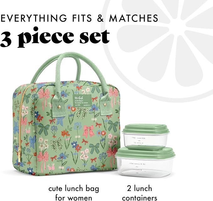 Fit & Fresh Bloomington Lunch Bag for Women - Insulated Large Lunch Box for Work with Containers, Leak-Resistant, Stain-Resistant, Zipper Closure, Sage Bows & Flowers