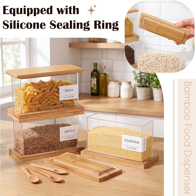 6 Pack Square Acrylic Pantry Storage Containers with Lid Cereal Containers Storage with 144 Pantry Labels, 100oz Small Spice Jars with Airtight Bamboo Lids and Spoon for Sugar, Cereal, Spice