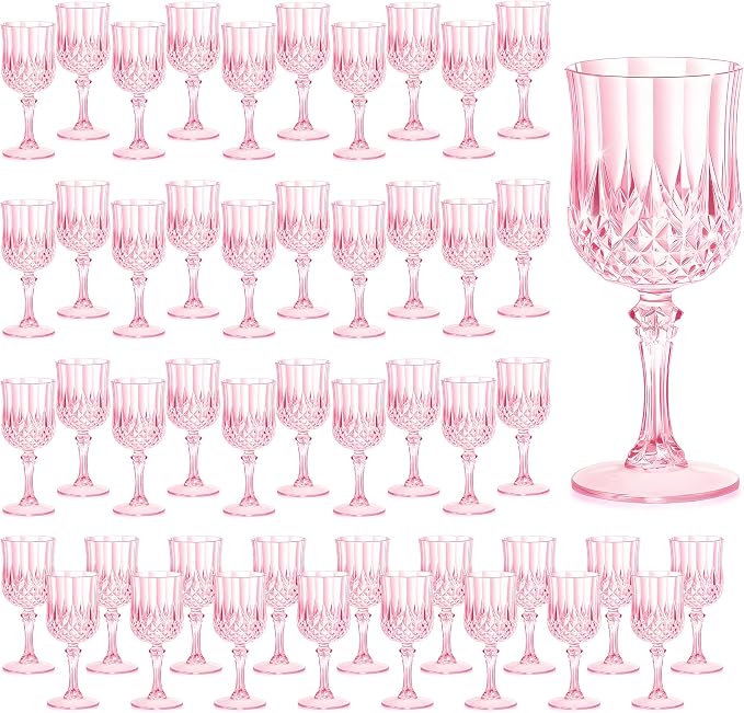 7OZ Plastic Wine Glasses, Reusable Vintage Goblets Unbreakable Drinking Glasses Crystal Water Cups Champagne for Wedding, Parties (48, Pink)