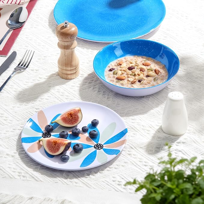 Melamine Dinnerware Set 12 Pieces Outdoor, Spring Party Blue | Flowers Pattern, Unbreakable Plates & Bowls, Dishwasher Safe, Lightweight, For Picnic Pool Party Camping