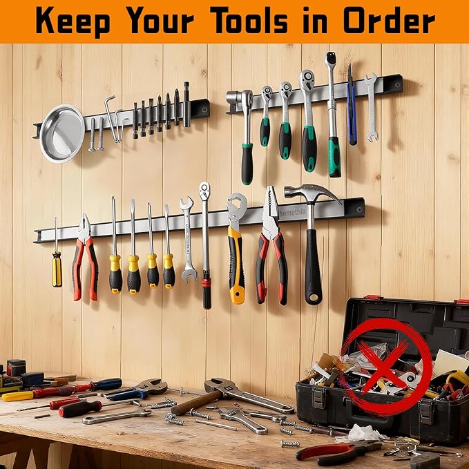 24" Magnetic Tool Holder Strip, 4 Pieces Silver Metal Tool Organizer Rack with Stainless Steel Surface, Magnet Bar for Garage Workshop, Easy To Install with Mounting Screws