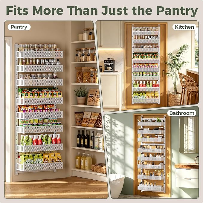 POKIPO 8-Tier Over the Door Pantry Organizer, 2 IN 1 Wall Mount or Hanging Spice Rack with Adjustable Raised Basket, Heavy Duty Back of Door Storage for Kitchen Bathroom Laundry Room