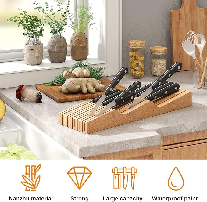 In-Drawer Knife Block Organizer - Bamboo Wood Drawer Knife Organizer-Protecting Knife Organizer Block (Not Included) (Natural, 11 Knives Dock)