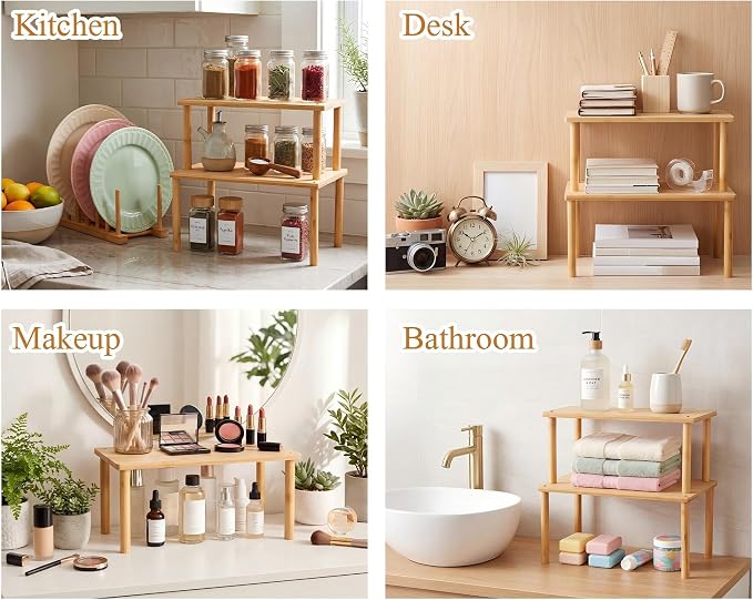 Marsui 4 Pcs Kitchen Organizer Accessories Set Cabinet Organizer Shelf and Bamboo Dish Drying Plate Rack Counter Shelves Storage Holder for Spice Rack, Dish, Pot Lid, Bowl, Cup (Wood Color)