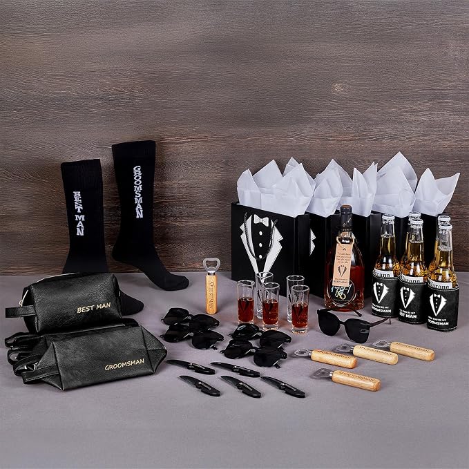 50Pcs Groomsmen Gifts Groomsmen Proposal Box with Shot Glasses Socks Sunglasses PU Leather Toiletry Bag Bottle Opener Can Cooler Groomsman Gifts for Wedding Groomsmen Best Man Gift (50, Black)