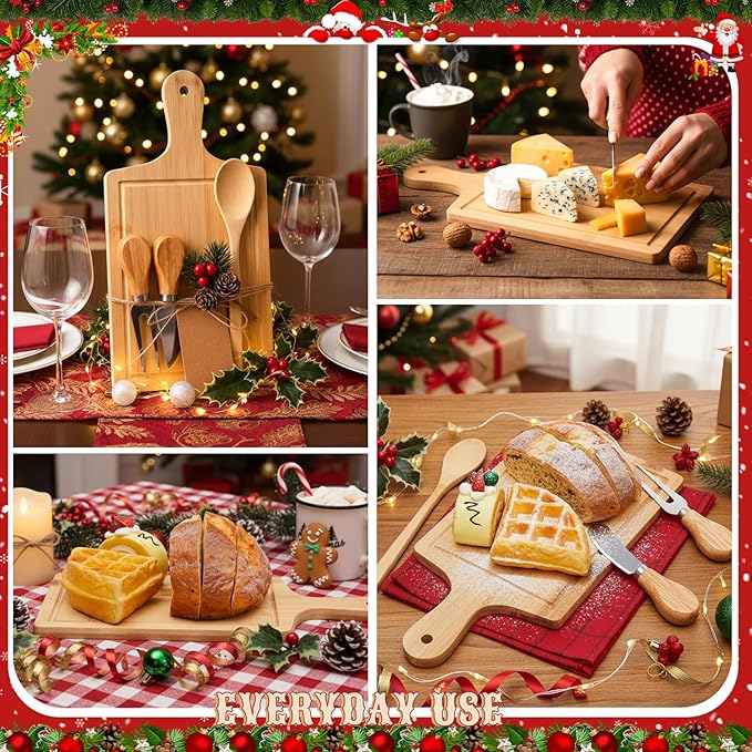 Acellegic 6 Sets Christmas Cheese Cutting Board Gift Set, Bamboo Charcuterie Board with Fork Spoon Knives Towels Bags Tags Ribbon Christmas Kitchen Gifts for Bridal Baby Shower Housewarming Party