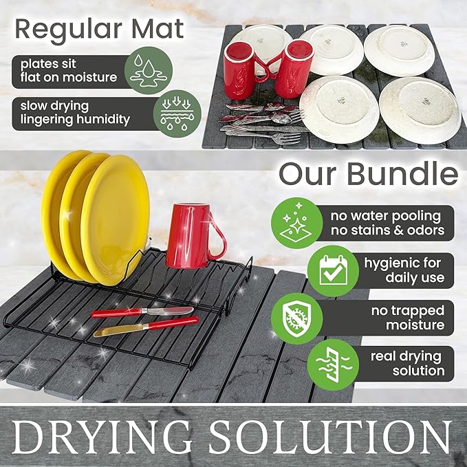 Stone Drying Mat + Foldable Black Metal Dish Rack – Complete 2-Tier Kitchen Drying System – Ultra Absorbent Dark Gray Mat for Plates, Glasses & Cutlery – Modern & Hygienic Counter Organizer - 24"x16"