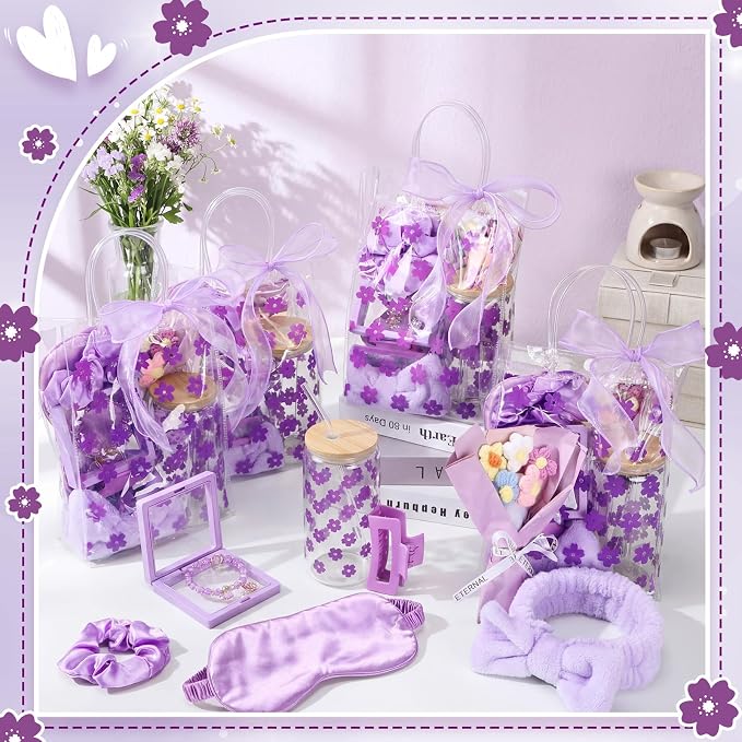 Vesici 73 Pcs Spa Sleepover Party Supplies Bulk Women 8 Sets Slumber Birthday Bridesmaid Gift Crochet Flower Glass Cup Eye Mask Hair Ties Gift Bag Bracelets Scrunchies Headband(Cherry Blossoms,Purple)