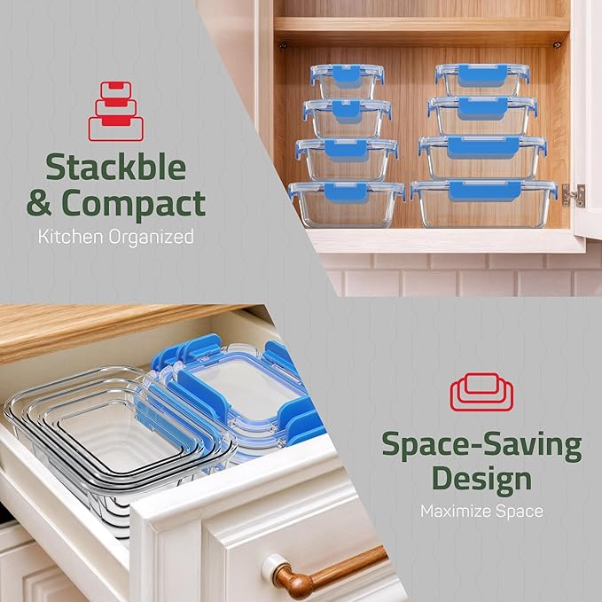 Emporio Kitchen Borosilicate Glass Food Storage Containers with Lids 24 Pieces, BPA-Free Stackable Lunch & Leftover Containers, Microwave, Freezer & Dishwasher Safe, 100% Airtight Leak-Proof, Blue