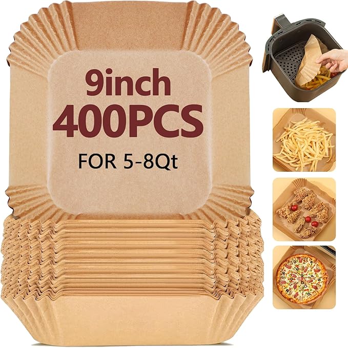9 Inch Air Fryer Liners Disposable-400PCS Square Parchment Paper Liners,Heat Resistant & Non-Stick,Unbleached Liners for Air Fryer,Oven,Roasting,Baking,Microwave（Bottom is 8 Inch）
