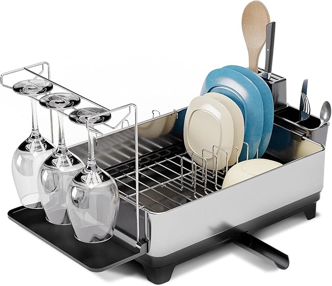 Home Zone Living Large 1-Tier Stainless Steel Dish Drying Rack with Drain Pipe and Utensil Holders
