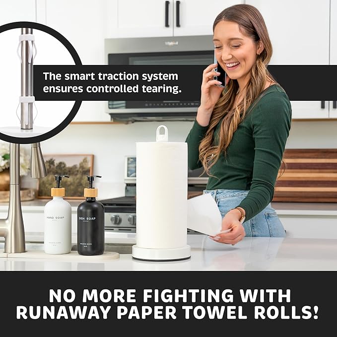 Stainless Steel Paper Towel Holder with Spray Pump – One-Handed Tear, Smart Traction System, 5 oz Sprayer Bottle, Heavy Duty Suction Cups, Weighted Base, Kitchen Towel Dispenser for Countertop Use