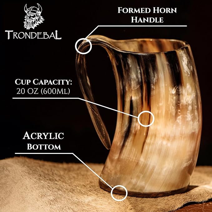 Trondebal Viking Drinking Horn Mug – 15-20 oz Authentic Ox Horn Beer Mug with Burlap Bag & Bottle Opener, Unique Gift for Men, Brother, Dad, Husband, Norse Tankard for Mead Ale & Whiskey