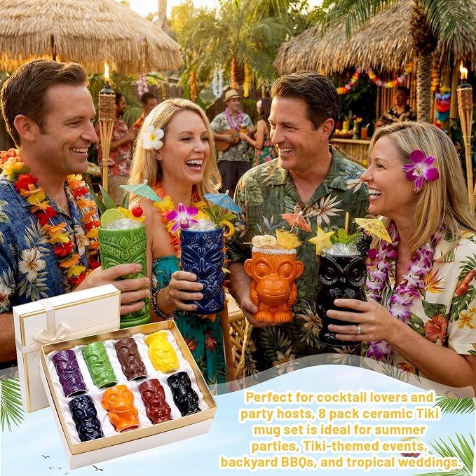 Yungyan 8 Pcs Ceramic Tiki Mugs for Cocktails Tiki Cups for Party Hawaiian Cups Tropical Drinkware for Luau Exotic Party Barware Home Bar Decoration (Mixed Styles)