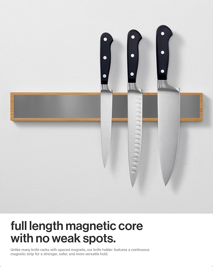 LARHN Magnetic Knife Holder for Wall or Fridge - No-Drill Bamboo Knife Magnetic Strip, 16″ - Renter Friendly