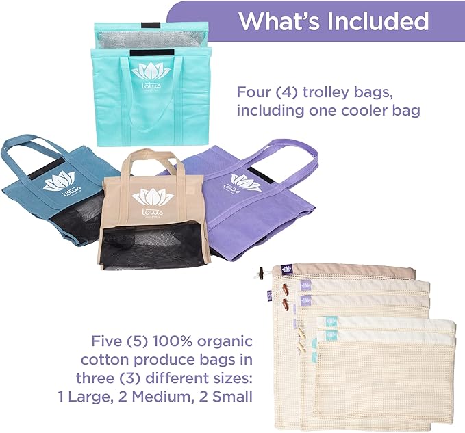 Lotus Trolley Bag and Lotus Organic Cotton Reusable Produce Bags Bundle - Eco-Friendly Solution to Sanitary Grocery Shopping!