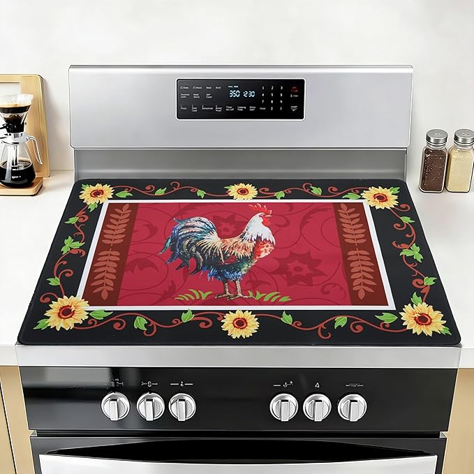 Farmhouse Rooster Stove Top Covers for Electric Stove 20x28 Inch Farmhouse Heat Resistant Glass Top Stove Cover Washable Foldable Cooktop Protector