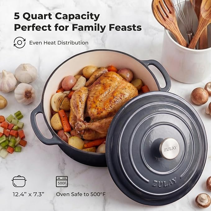 Zulay Kitchen 5 Quart Enameled Cast Iron Dutch Oven Pot with Lid – Premium Durability & Oven Safe up to 500°F – Heavy Duty Cookware Perfect for Bread Baking, Stews, Braising & Roasting – Gray