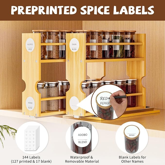 Jolitac Bamboo Pull Out Spice Rack for Cabinet, Slide Out Drawers | 2 Drawers (1.85" Wide), Space-Saving Vertical Organization, Easy to Install, 6" Wide, 2 Drawers, 2-Tier