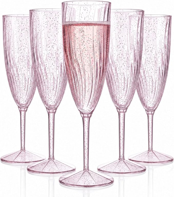 WDF 36PCS Pink Champagne Flutes Plastic - 6 OZ Pink Glitter Disposable Champagne Flutes for Wedding/Birthday/Parties/Bridal Shower