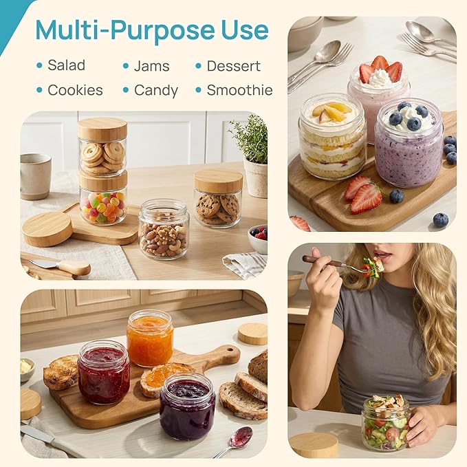 Vtopmart 8 Pack 10oz Glass Overnight Oats Containers with Bamboo Lids, Portable Wide Mouth Glass Jars Leak Proof, Reusable Food Storage Containers for Meal Prep, Jam, Sauce, Salad Dressing, and Snacks