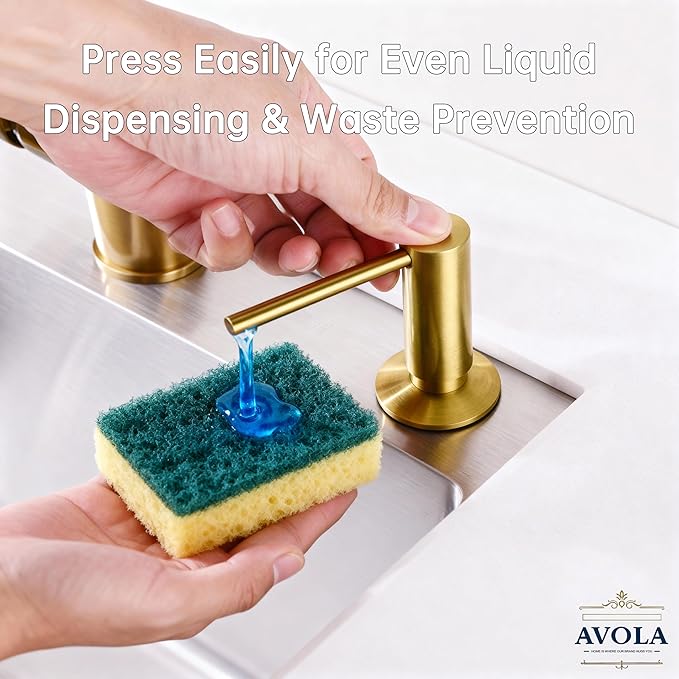 Avola Brushed Gold Deck Mounted Lotion or Soap Dispenser for Kitchen Sink, Spot-Free Brass Pump Liquid Lotion Kitchen Sink Soap Dispenser with 47" Extension Tube Kit&17 OZ PET Bottle