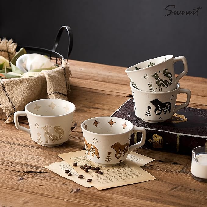 12 oz Vintage Ceramic Coffee Mug Set of 4 - Handmade Stoneware Pottery Countryside Farmhouse Fall Autumn Tea Mugs with Big Handle for Latte,Cocoa,Dishwasher & Microwave Safe Cups (Animals)