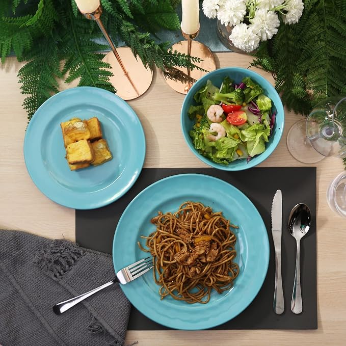 TP 12-Piece Melamine Dinnerware Sets, Plates and Bowls Dishes Set for 4, Break-Resistant & Non-Microwavable, Lightweight Dinner Plates, Teal