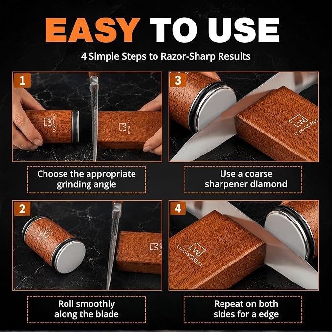 Rolling Knife Sharpener | Kitchen Knife Sharpener for Razor Sharp Edges | Diamond & Ceramic Knife Sharpening Kit for Smooth & Precise Cutting | Magnetic Holder with 15° & 20° Guides