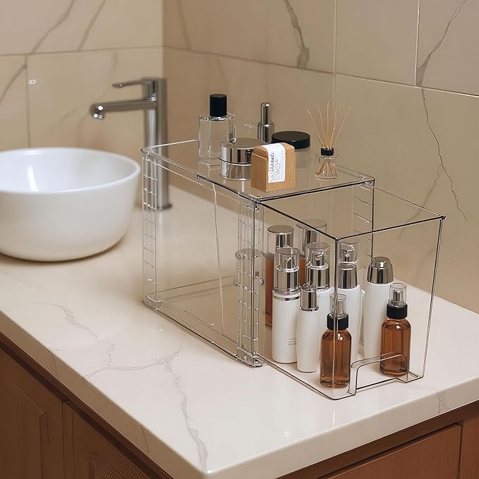 High Clear Stackable Storage Drawers(2 Pack), High-strength Plastic Organizer Bins with Handles for Skincare Bathroom Cabinet Vanity Undersink Kitchen Pantry BPA-Free Storage Containers