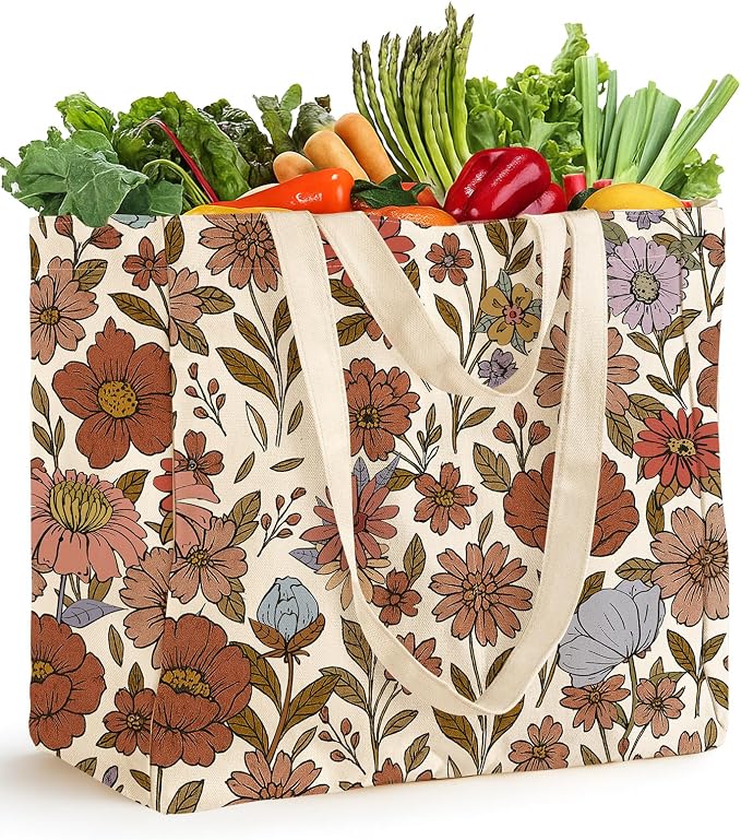 Miss Adola Large Canvas Grocery Tote Bag - Reusable Extra Large Shopping Shoulder Bags with 6 Inner Pockets & 2 Handle Strap