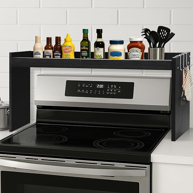 Over The Stove Shelf, Wood Stove Top Shelf,31.5" Stove Top Organizer Shelves with 6 Hooks,11.5" Height Over Stove Spice Rack for Kitchen, Black