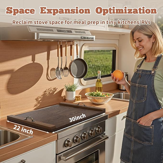 Gas Stove Top Cover: Wooden 30"L x 22"W x 0.8"Th Electric Stovetop Covers, Noodle Board with Handles, Wood RV Cutting Board for Kitchen Counter