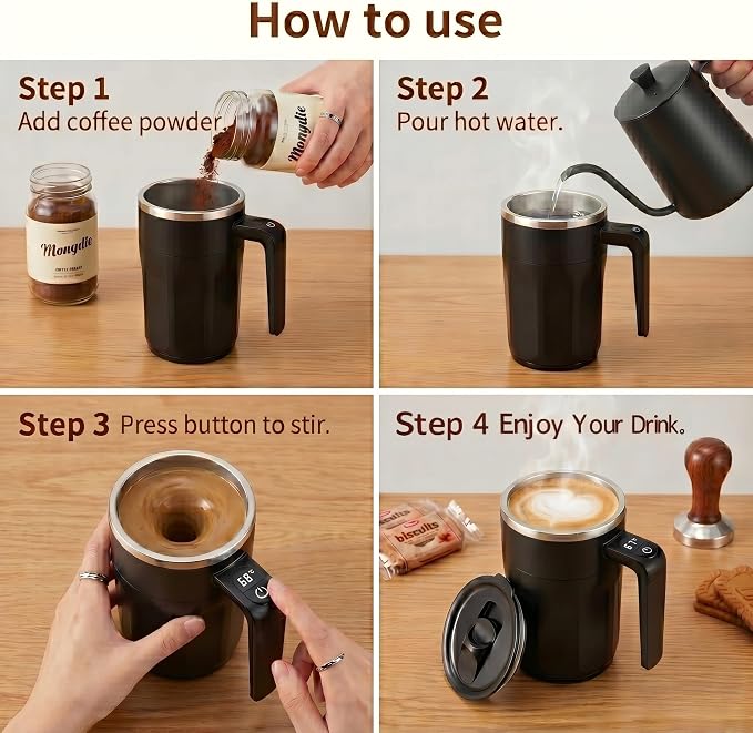 Self Stirring Coffee Mug 13.5 Oz with Lid, 316 Stainless Steel Automatic Magnetic Mixing Cup with a Built-in LCD Thermometer & Handle, Electric Coffee Stirrer, Gift for Men and Women (Matte Black)