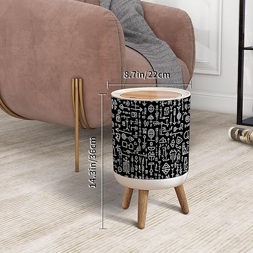Trash Can with Lid Futhark Norse islandic Seamless Magic Hand Press Top Round Small Garbage Bin with Wooden Legs Waste Basket for Kitchen Bedroom Nursery 7L/1.8 Gallon