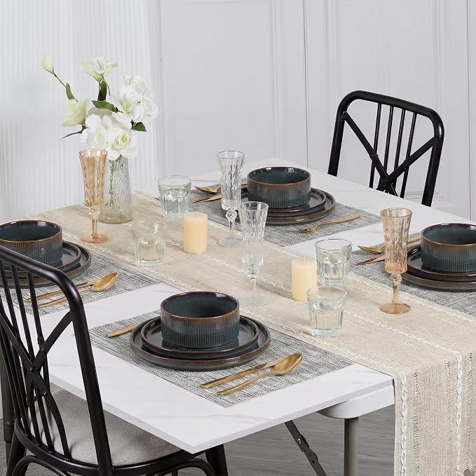 E-far Stoneware Dinnerware Sets for 2, 6-Piece Plates and Bowls Sets, Chip & Scratch Resistant Ribbed Dish Set for Home Restaurant, Microwave & Dishwasher Safe, Blackish Green